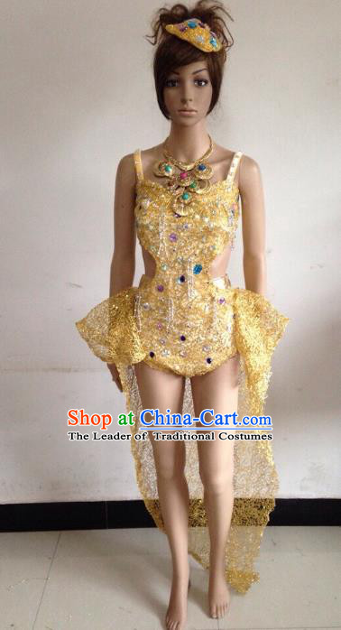 Brazilian Rio Carnival Samba Dance Costumes Catwalks Golden Trailing Swimwear Dress for Women