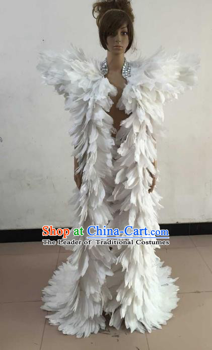 Brazilian Rio Carnival Samba Dance Costumes Catwalks White Feather Trailing Clothing for Women