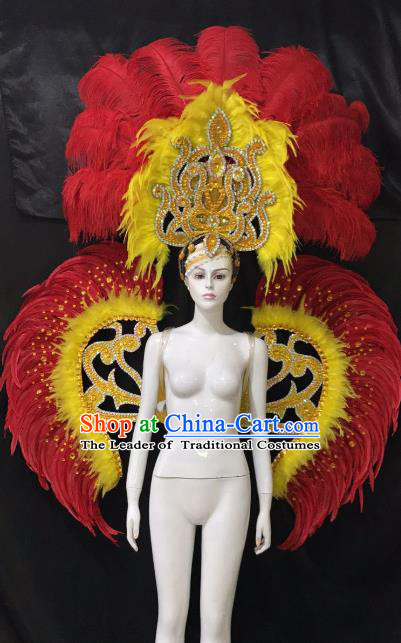 Customized Halloween Catwalks Props Brazilian Rio Carnival Samba Dance Red Feather Deluxe Wings and Headwear for Women