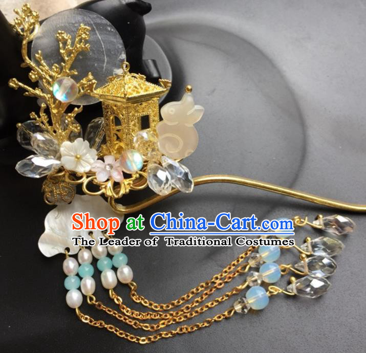 Chinese Traditional Hair Accessories Ancient Hanfu Hairpins Jade Rabbit Tassel Step Shake for Women