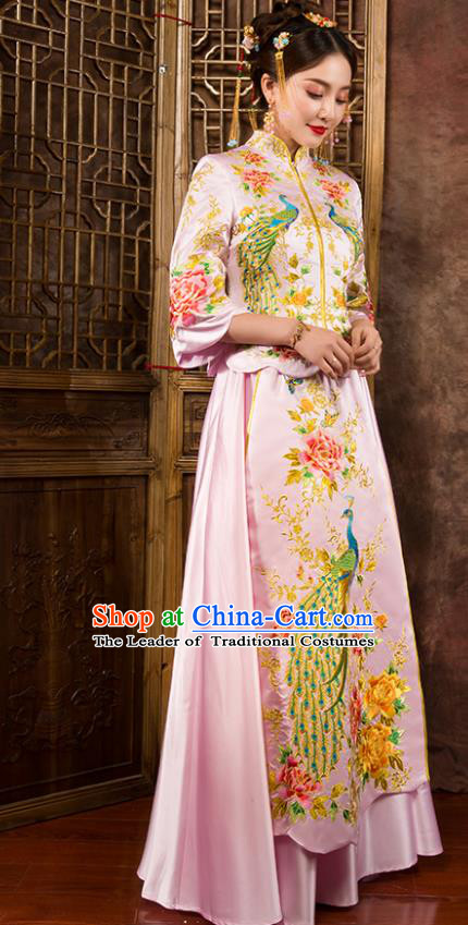 Chinese Traditional Wedding Dress Ancient Bride Pink Xiuhe Suit for Women