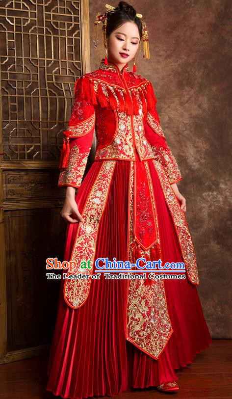 Traditional Chinese Wedding Costumes Ancient Bride Embroidered Red XiuHe Suit for Women