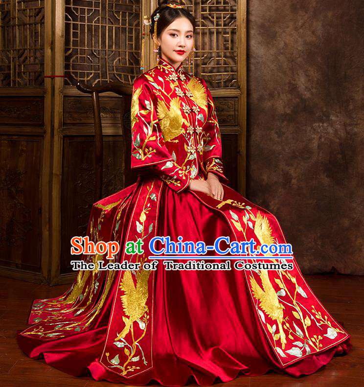 Traditional Chinese Bridal Costumes Ancient Bride Wedding Embroidered Birds XiuHe Suit for Women