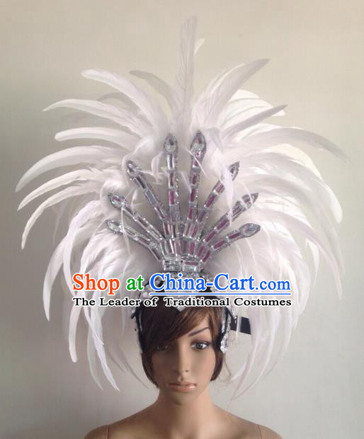 Professional Halloween Catwalks Hair Accessories Brazilian Rio Carnival Samba Dance Deluxe White Feather Headwear for Women