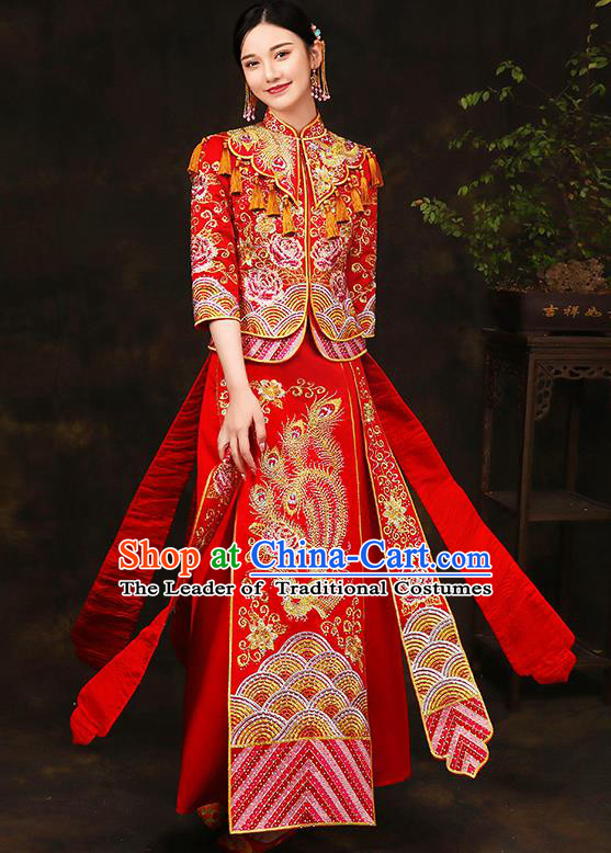 Traditional Chinese Style Female Wedding Costumes Ancient Embroidered Phoenix Peony Full Dress XiuHe Suit for Bride