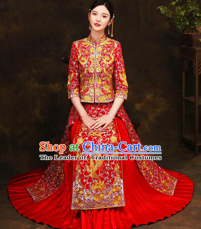 Traditional Chinese Style Female Wedding Costumes Ancient Embroidered Dragon Phoenix Bottom Drawer Red XiuHe Suit for Bride