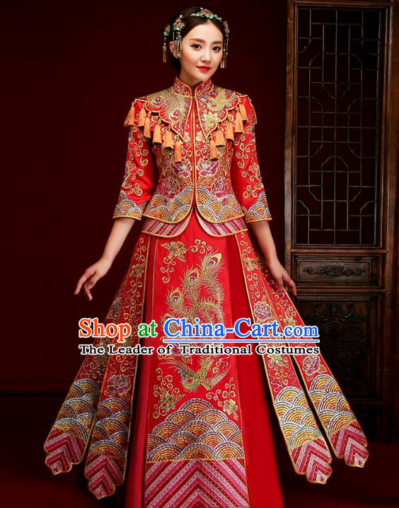 Traditional Chinese Embroidered Slim XiuHe Suit Wedding Costumes Full Dress Ancient Bottom Drawer for Bride