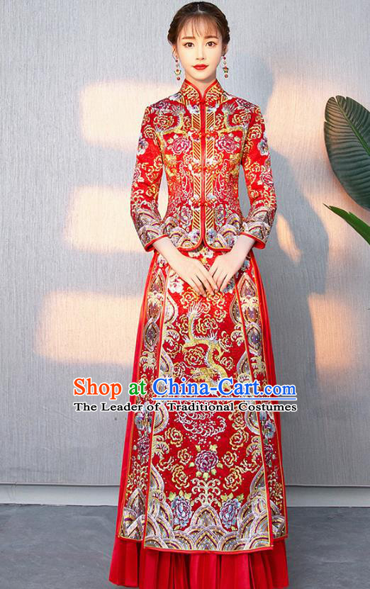 Traditional Chinese Ancient Bottom Drawer Wedding Costumes Embroidered Dragon Red XiuHe Suit for Women