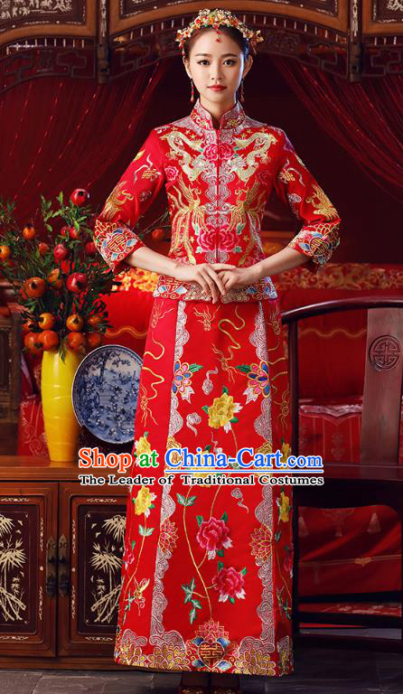 Chinese Ancient Bottom Drawer Traditional Wedding Costumes Embroidered Peony Slim XiuHe Suit for Women