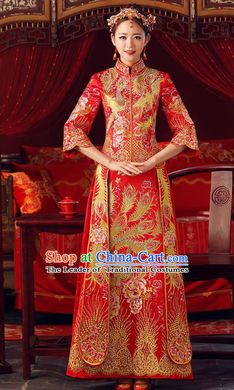 Chinese Ancient Bottom Drawer Embroidered Phoenix Peony Red XiuHe Suit Traditional Wedding Costumes for Women