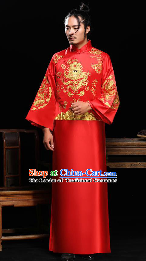 Ancient Chinese Wedding Red Toast Costumes Traditional Bridegroom Embroidered Tang Suit Long Robe for Men