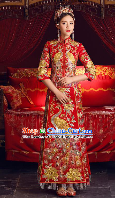 Chinese Ancient Bride Formal Dresses Cheongsam Embroidered Phoenix XiuHe Suit Traditional Wedding Costumes for Women