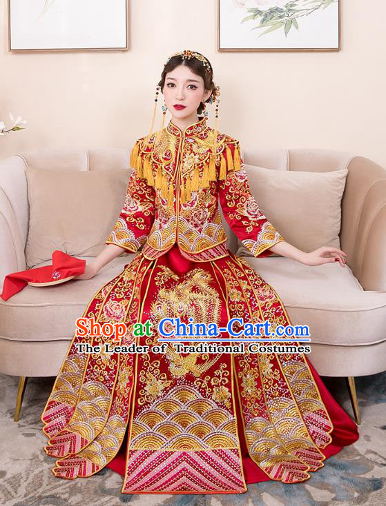 Chinese Ancient Bride Red Formal Dresses Wedding Costume Embroidered Cheongsam XiuHe Suit for Women