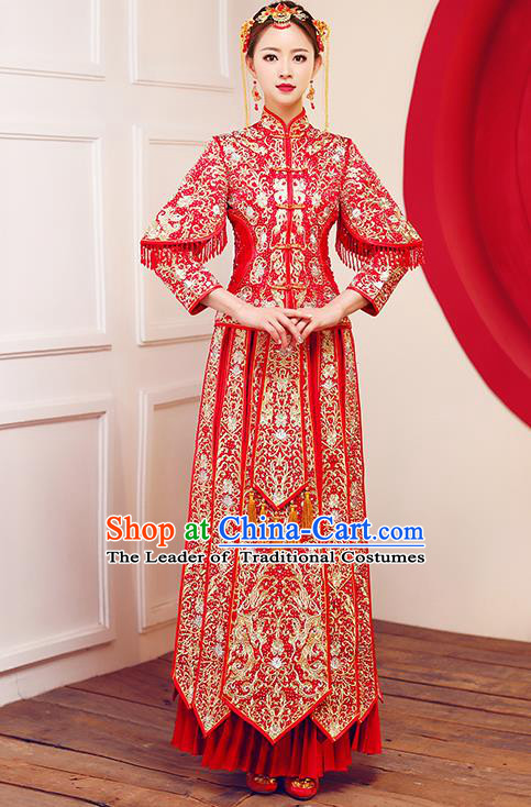 Top Grade Chinese Traditional Wedding Dress Ancient Bride Embroidered Diamante XiuHe Suit for Women