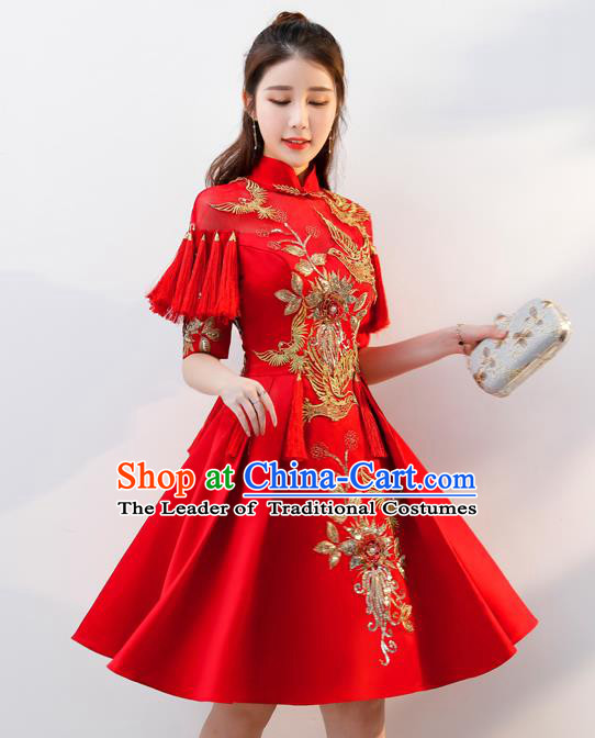 Top Grade Chinese Traditional Red Wedding Dress Ancient Bride Embroidered Cheongsam for Women