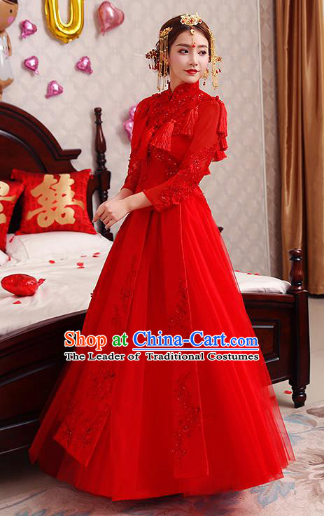 Chinese Traditional Wedding Costume Red Veil XiuHe Suit Ancient Bride Embroidered Toast Formal Dress for Women