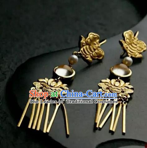 Handmade Chinese Traditional Accessories Hanfu Wedding Golden Lotus Earrings for Women