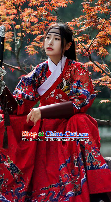 Chinese Ming Dynasty Imperial Bodyguard Costume Ancient Swordswoman Embroidered Red Robe for Women