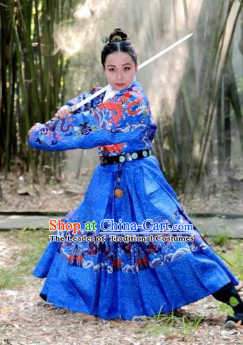 Chinese Ming Dynasty Imperial Bodyguard Costume Ancient Swordsman Embroidered Blue Clothing