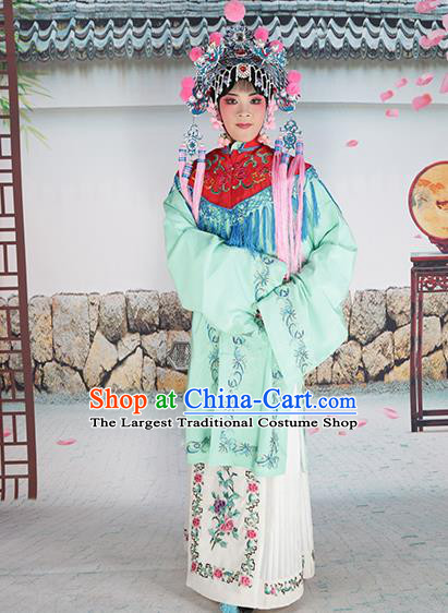 Professional Chinese Beijing Opera Diva Embroidered Green Costumes Red Shawl Clothing and Headwear for Adults