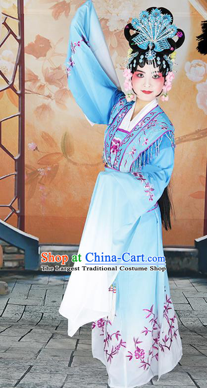 Professional Chinese Beijing Opera Diva Embroidered Costumes Peking Opera Fairy Blue Dress for Adults