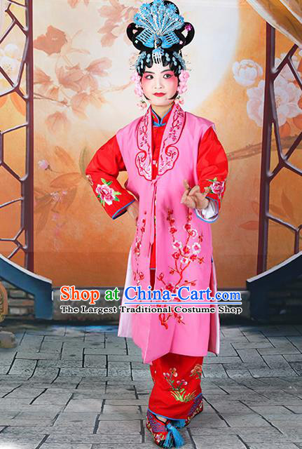 Professional Chinese Beijing Opera Maidservants Embroidered Plum Blossom Rosy Costumes for Adults