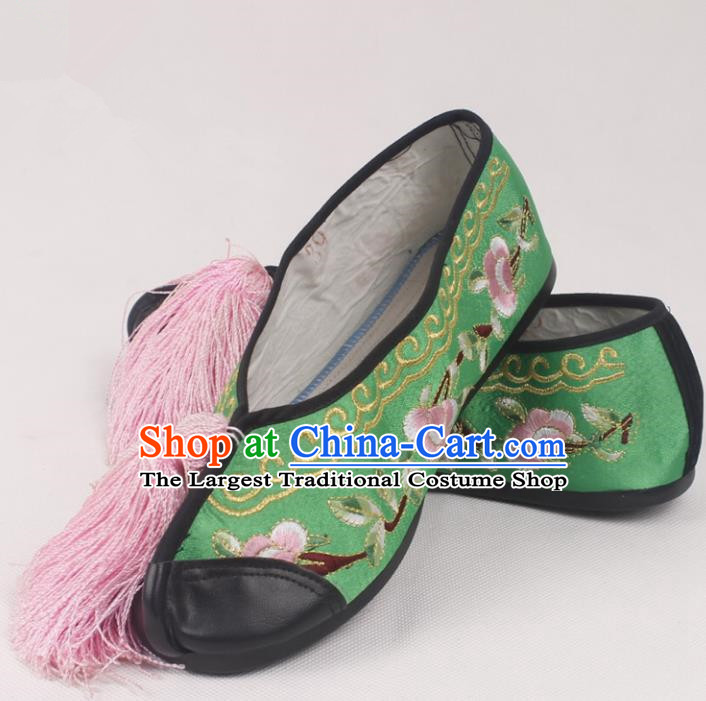 Chinese Traditional Beijing Opera Green Embroidered Shoes Peking Opera Diva Blood Stained Shoes for Women