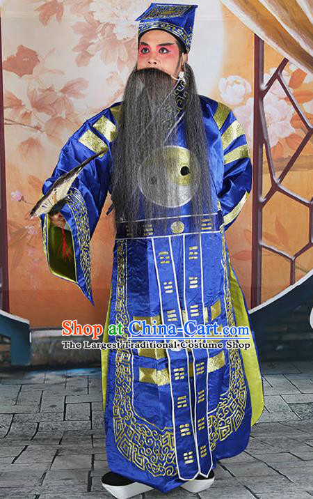 Professional Chinese Peking Opera Military Counsellor Costume Blue Priest Robe and Hat for Adults