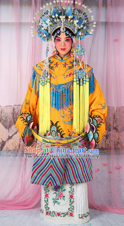 Professional Chinese Beijing Opera Diva Imperial Consort Embroidered Yellow Costumes and Phoenix Coronet for Adults