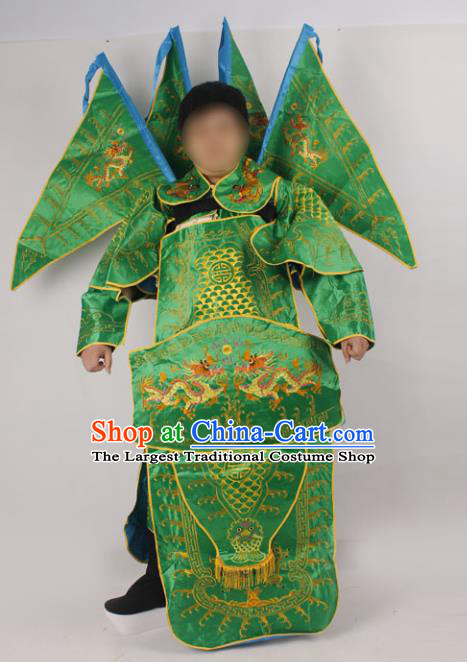 Professional Chinese Peking Opera General Green Embroidered Costume and Props for Adults