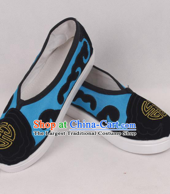 Chinese Traditional Beijing Opera Ministry Councillor Embroidered Shoes Peking Opera Blue Shoes for Men