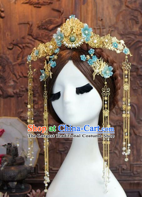 Chinese Handmade Wedding Hair Accessories Ancient Bride Blue Flowers Phoenix Coronet Hairpins Complete Set for Women