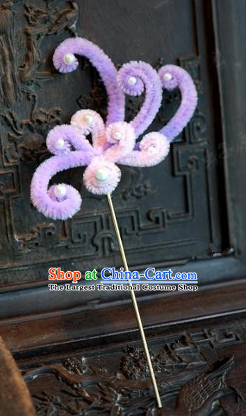 Chinese Handmade Hair Accessories Qing Dynasty Princess Purple Velvet Flowers Hairpins for Women