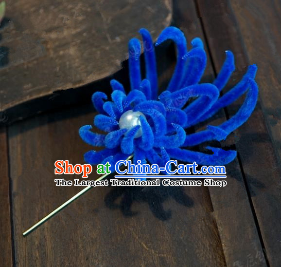 Chinese Handmade Ancient Hair Accessories Qing Dynasty Princess Royalblue Velvet Chrysanthemum Hairpins for Women