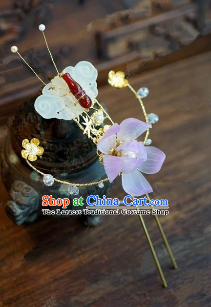 Chinese Handmade Ancient Hair Accessories Ancient Hanfu Jade Butterfly Lotus Hairpins for Women