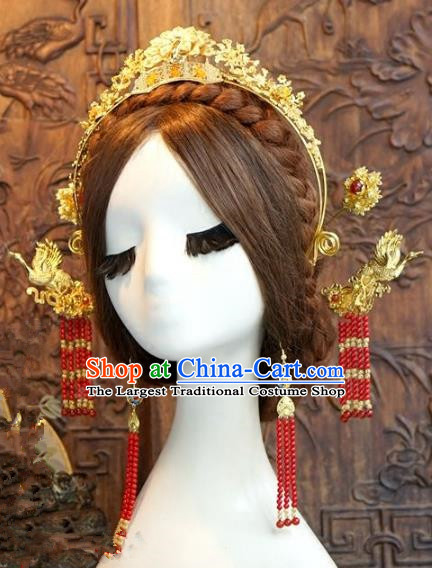 Chinese Ancient Handmade Golden Phoenix Coronet Hanfu Hairpins Wedding Hair Accessories Complete Set for Women