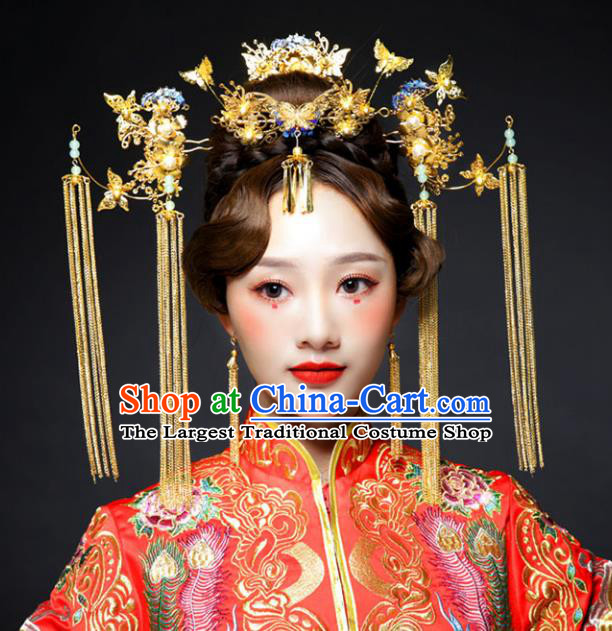 Chinese Ancient Handmade Bride Phoenix Coronet Hairpins Hair Accessories Step Shake Complete Set for Women