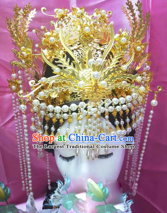 Chinese Ancient Handmade Queen Golden Phoenix Coronet Hairpins Hair Accessories Step Shake Complete Set for Women