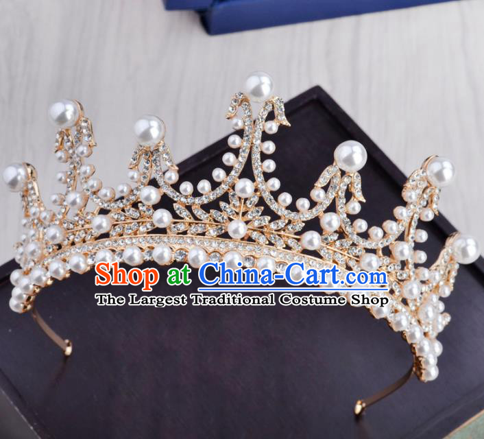 Handmade Baroque Bride Pearls Royal Crown Wedding Hair Jewelry Accessories for Women