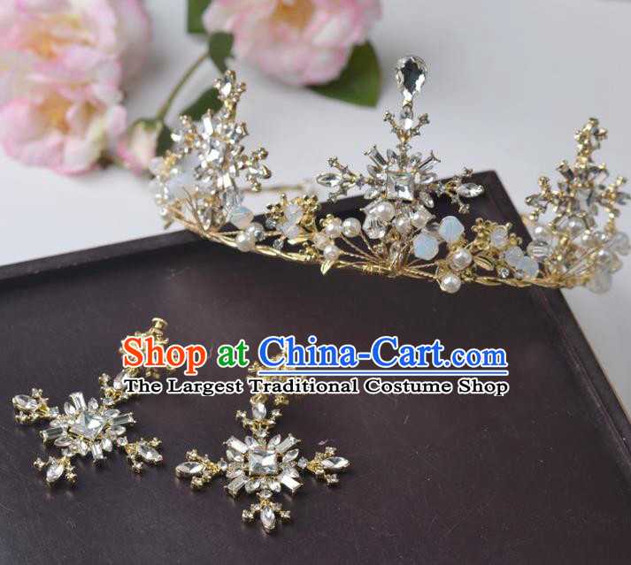 Handmade Baroque Bride Golden Crystal Royal Crown and Earrings Wedding Queen Hair Jewelry Accessories for Women