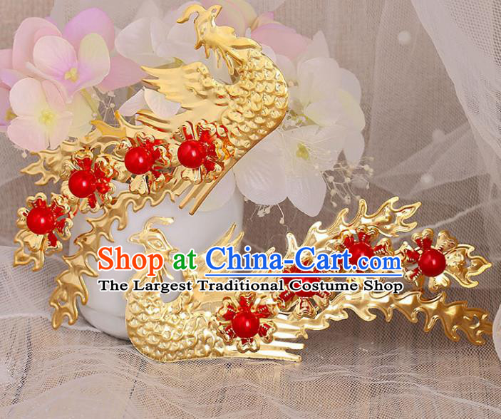 Chinese Ancient Handmade Red Beads Phoenix Hairpins Bride Hair Accessories Headwear for Women