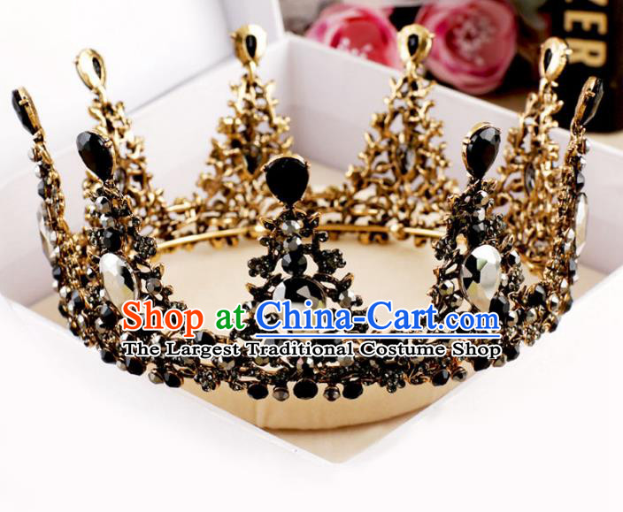 Handmade Baroque Queen Crystal Black Round Royal Crown Wedding Bride Hair Jewelry Accessories for Women