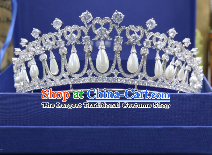 Handmade Wedding Baroque Queen Zircon Pearls Royal Crown Bride Hair Jewelry Accessories for Women