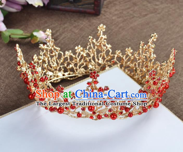 Top Grade Handmade Baroque Bride Red Round Royal Crown Wedding Hair Jewelry Accessories for Women