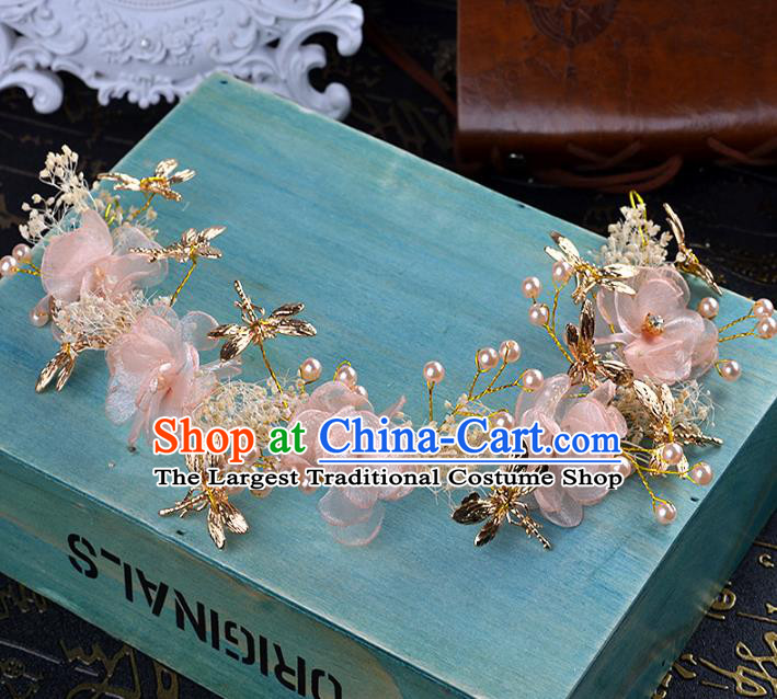 Handmade Baroque Bride Pink Flowers Dragonfly Hair Clasp Wedding Hair Jewelry Accessories for Women