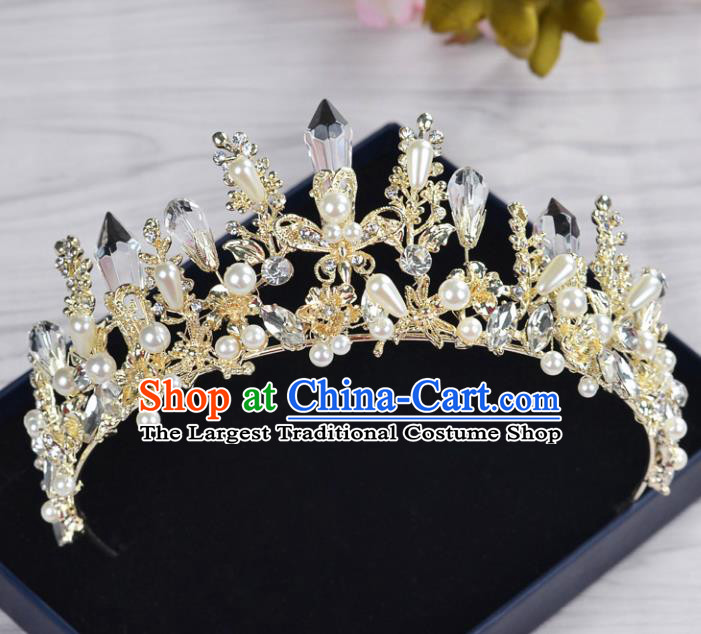 Handmade Wedding Baroque Queen Golden Crystal Pearls Royal Crown Bride Hair Jewelry Accessories for Women