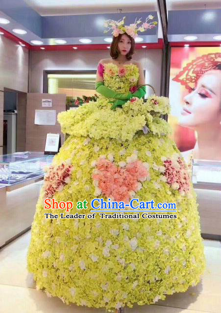 Top Grade Catwalks Costume Stage Performance Model Show Flower Fairy Yellow Dress for Women