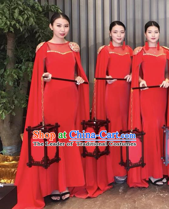 Top Grade Catwalks Costume Chinese Stage Performance Model Show Red Dress for Women