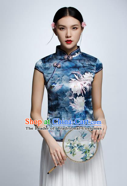 Chinese Traditional Costume Printing Blue Cheongsam Blouse China National Upper Outer Garment Shirt for Women