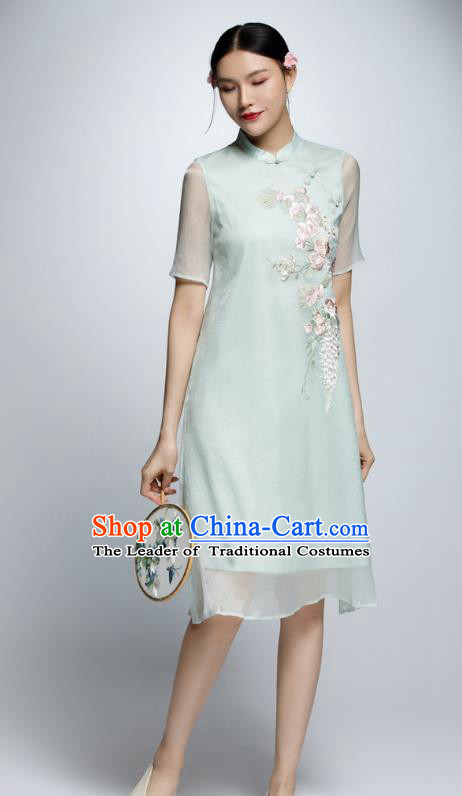 Chinese Traditional Embroidered Green Cheongsam China National Costume Qipao Dress for Women